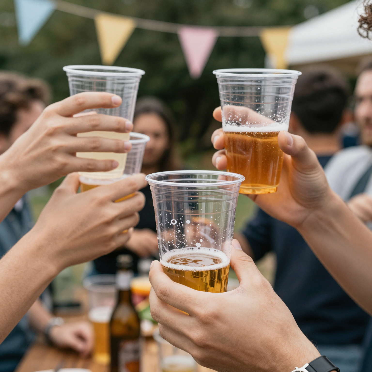 Clear plastic beer cups at an outdoor party