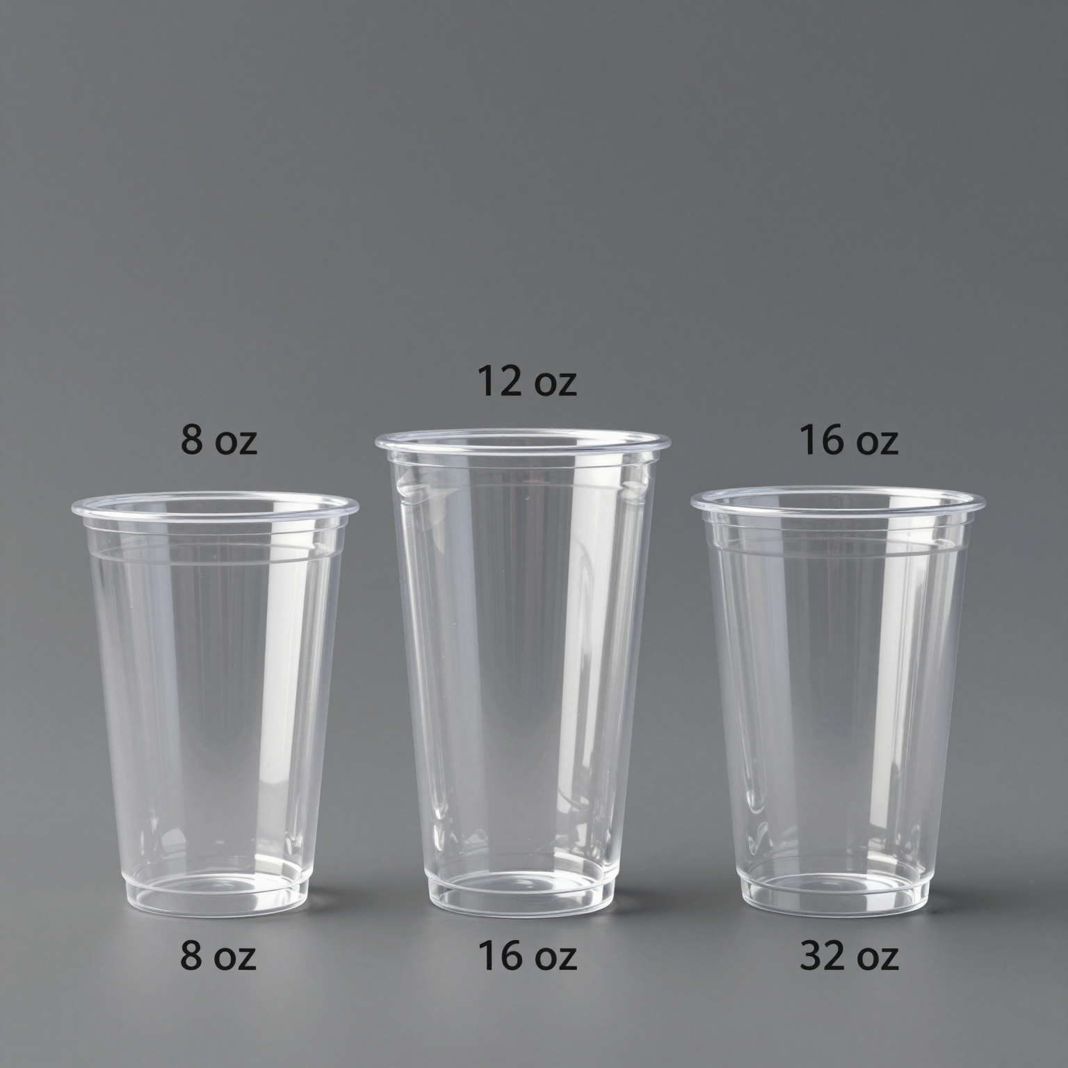 Clear plastic cups in various sizes: 8 oz, 12 oz, 16 oz, 32 oz