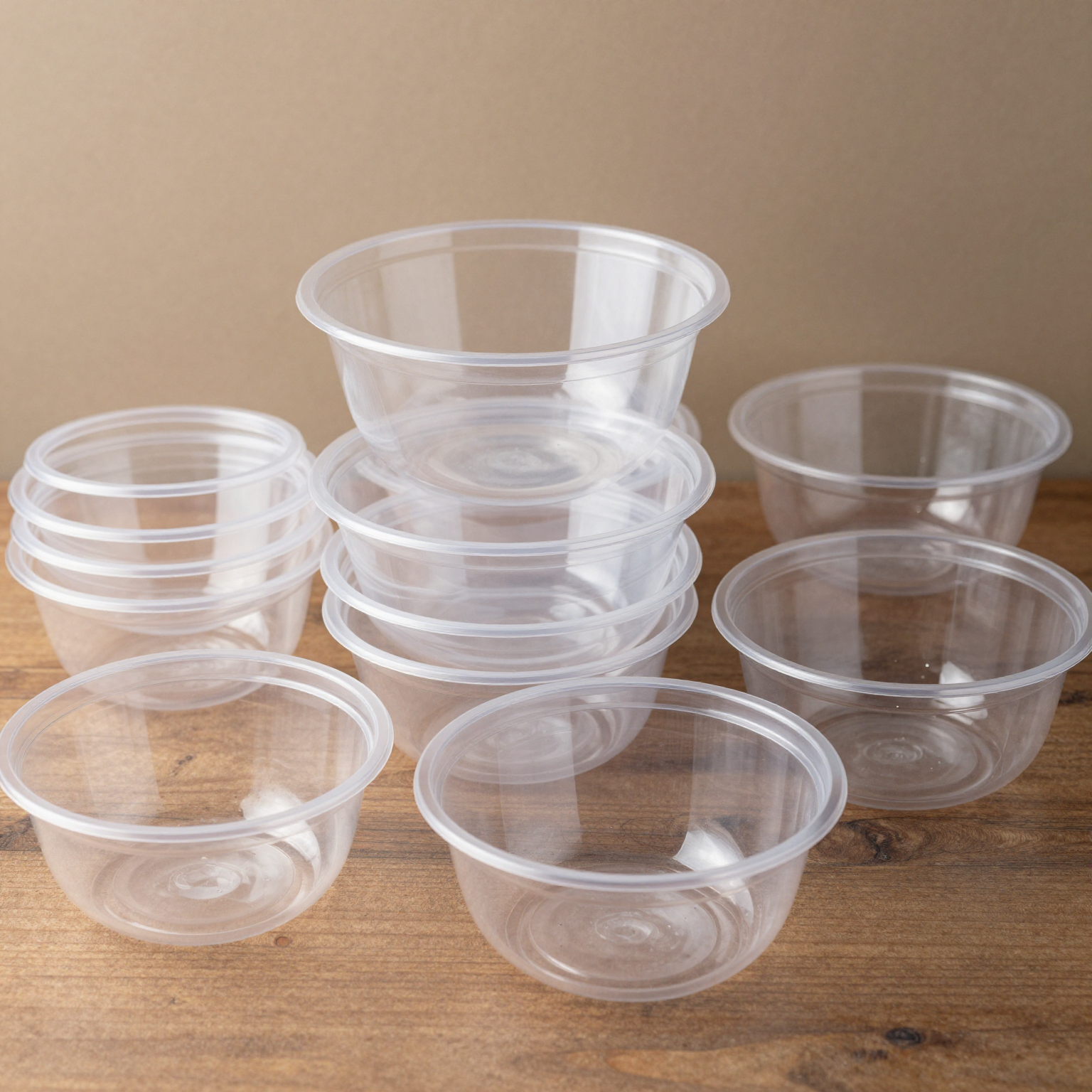 A variety of clear plastic disposable soup bowls