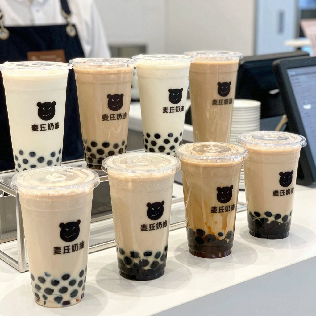 A bubble tea shop showcasing clear plastic reusable cups
