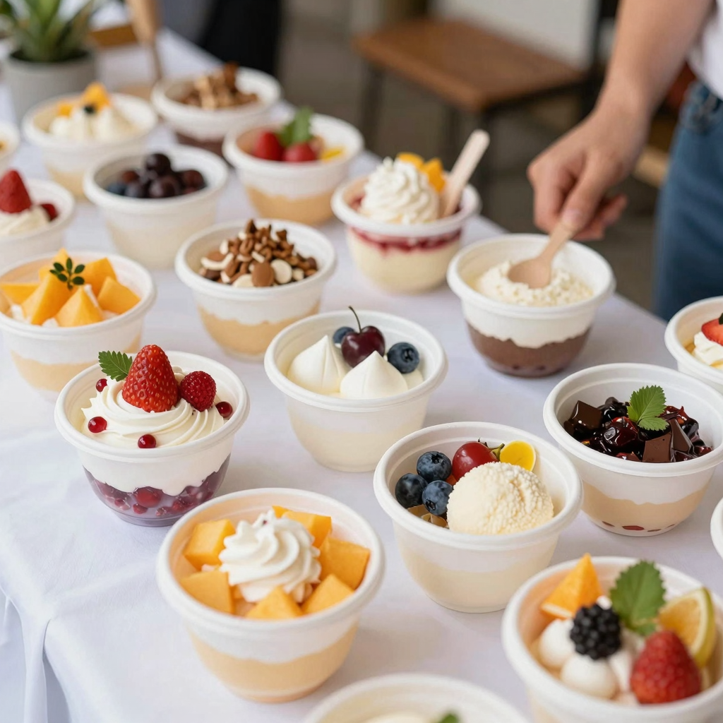 Disposable dessert mini plastic bowls in use