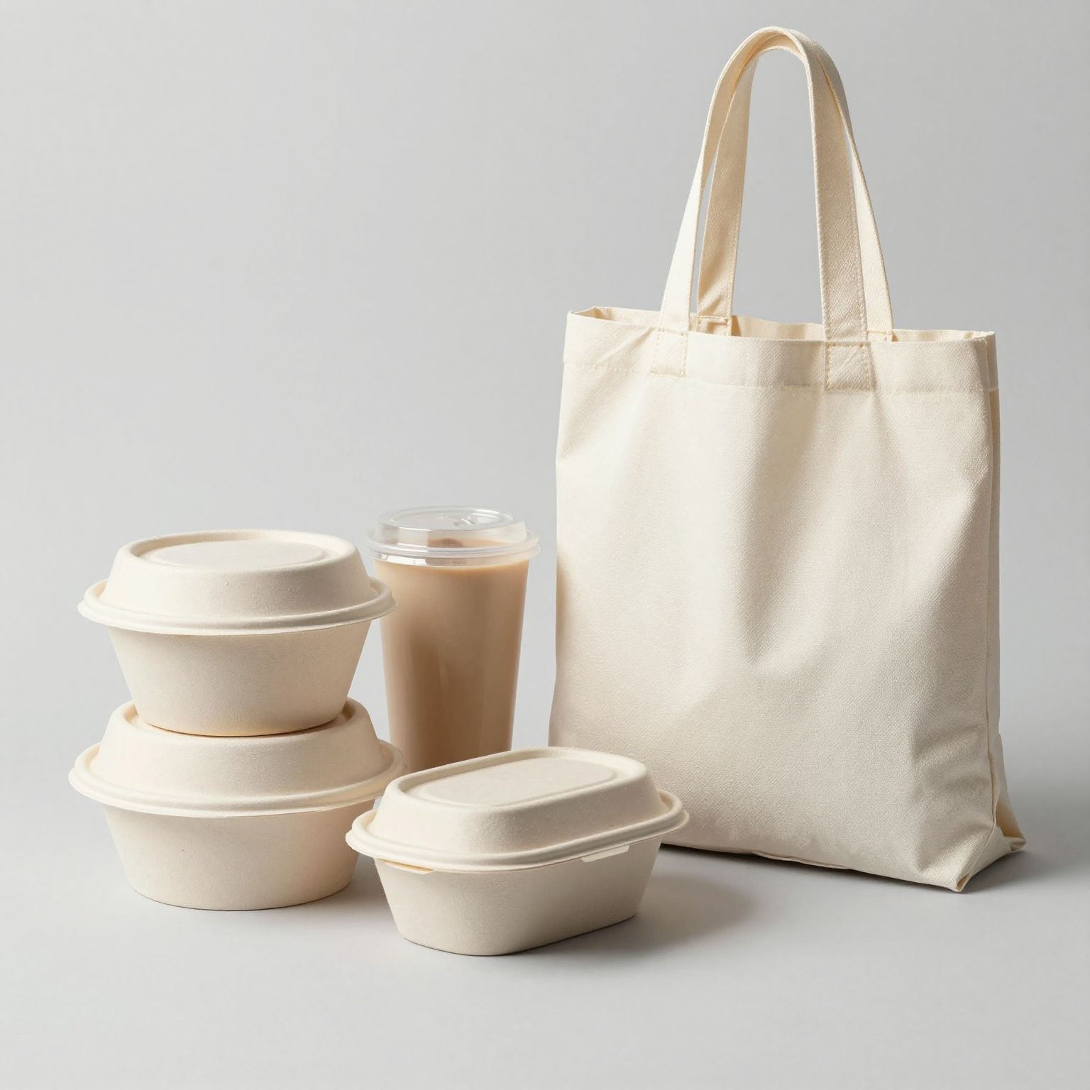 Eco-friendly disposable packaging options including biodegradable bowls and compostable containers