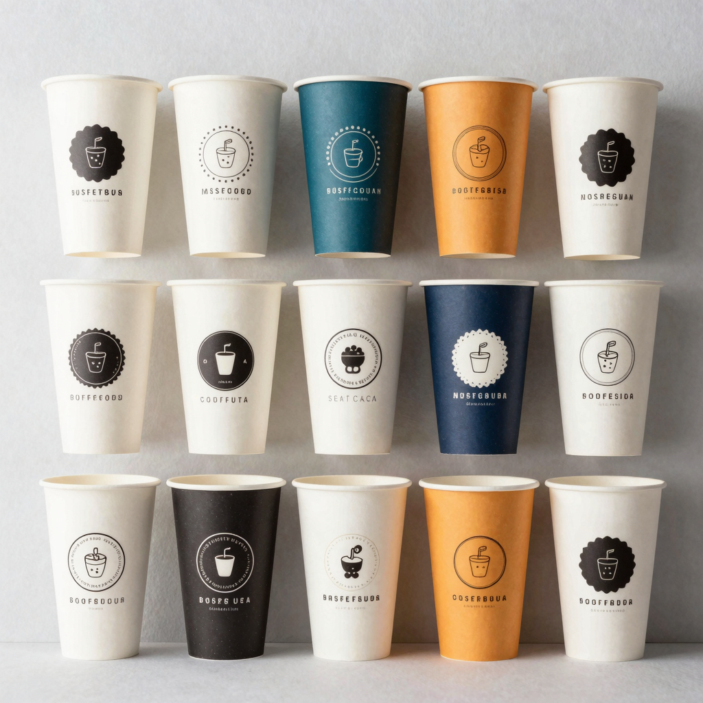 A variety of printed paper cup designs suitable for bubble tea shops and event planners