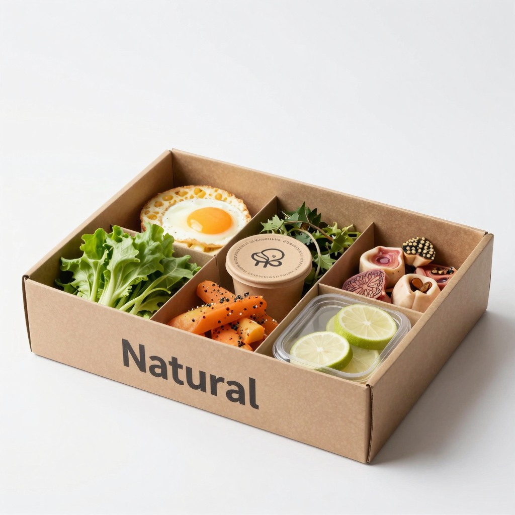 A visually appealing takeaway food packaging design showcasing a large 3-division box filled with colorful food items. The packaging conveys freshness and customer satisfaction.
