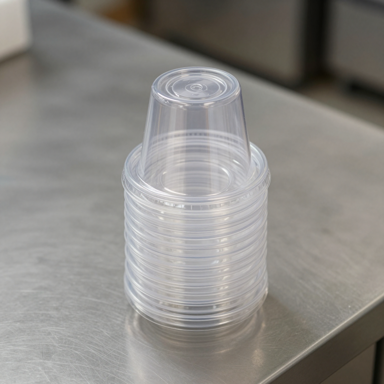 Stack of clean plastic cup covers ready for use in a bubble tea shop.
