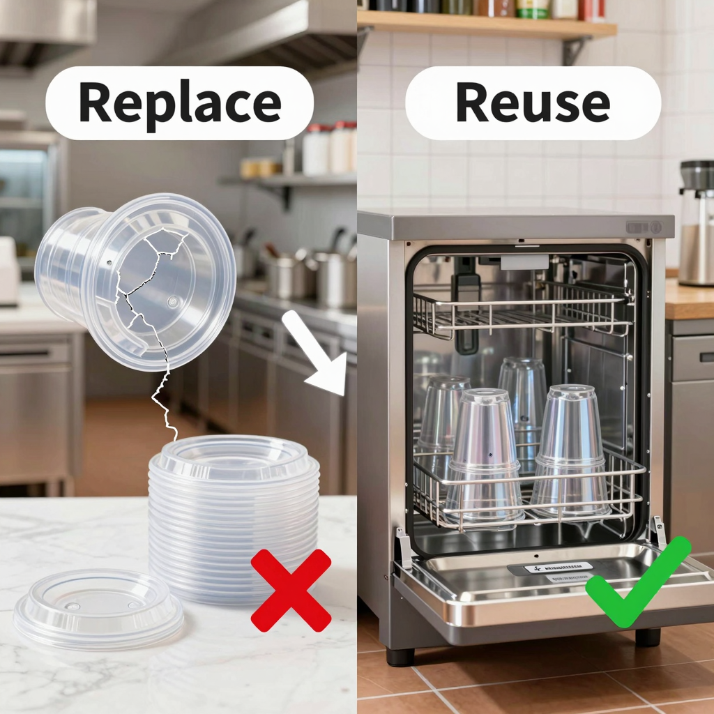 Comparison of replacing vs. reusing plastic cup covers in a commercial kitchen setting