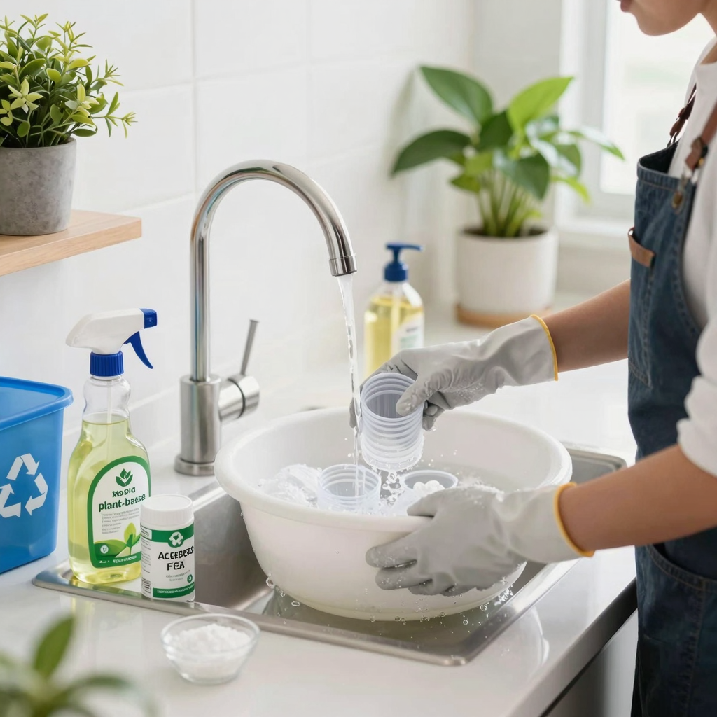 Eco-friendly cleaning of plastic cup covers in a commercial kitchen with sustainable products