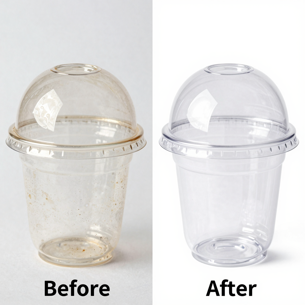Plastic cup cover before and after cleaning with proper methods