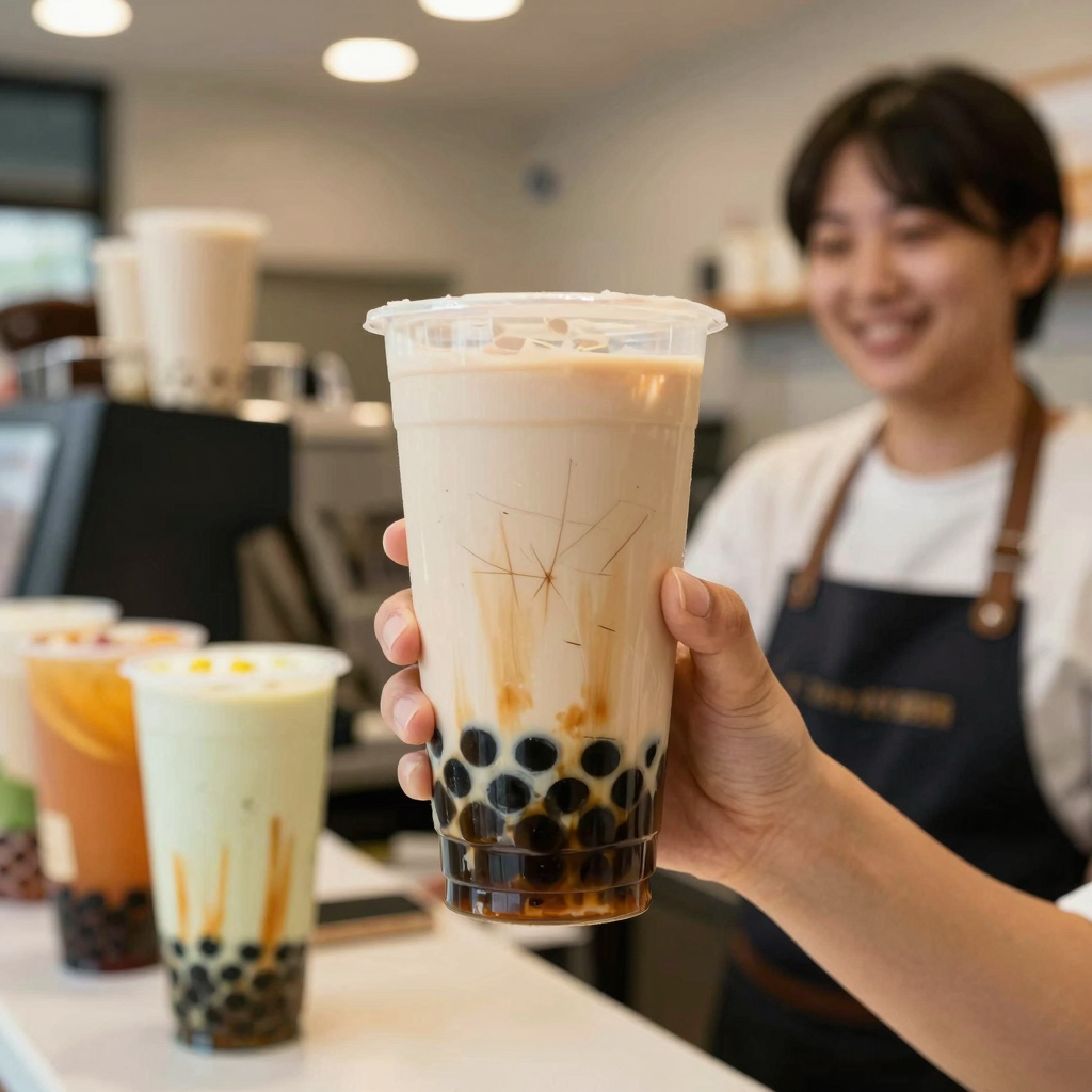 Bubble tea shop owner inspecting a cloudy plastic cup cover