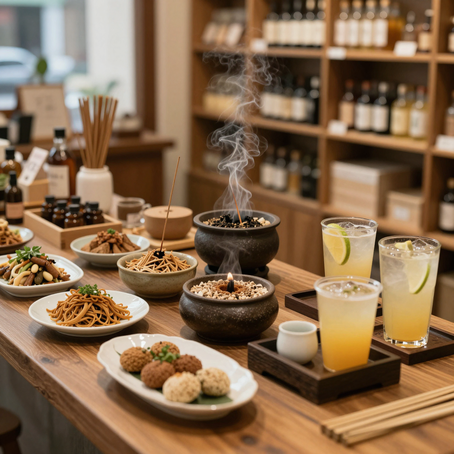 A cozy beverage shop atmosphere, showcasing different types of incense burning alongside beautifully arranged dishes and beverages, conveying a sense of aroma and appeal for the food and beverage industry.