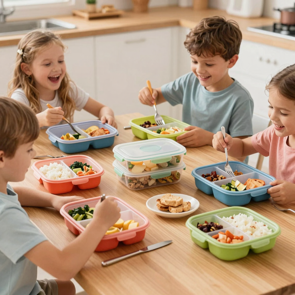 Kids enjoying their meal from colorful leak-proof containers