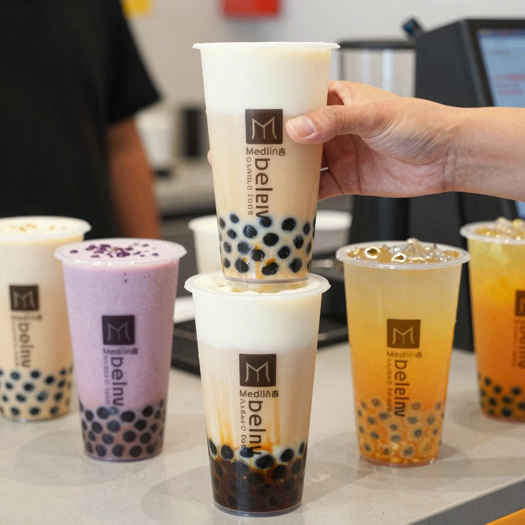 Medline disposable paper souffle cups used in a bubble tea shop setting