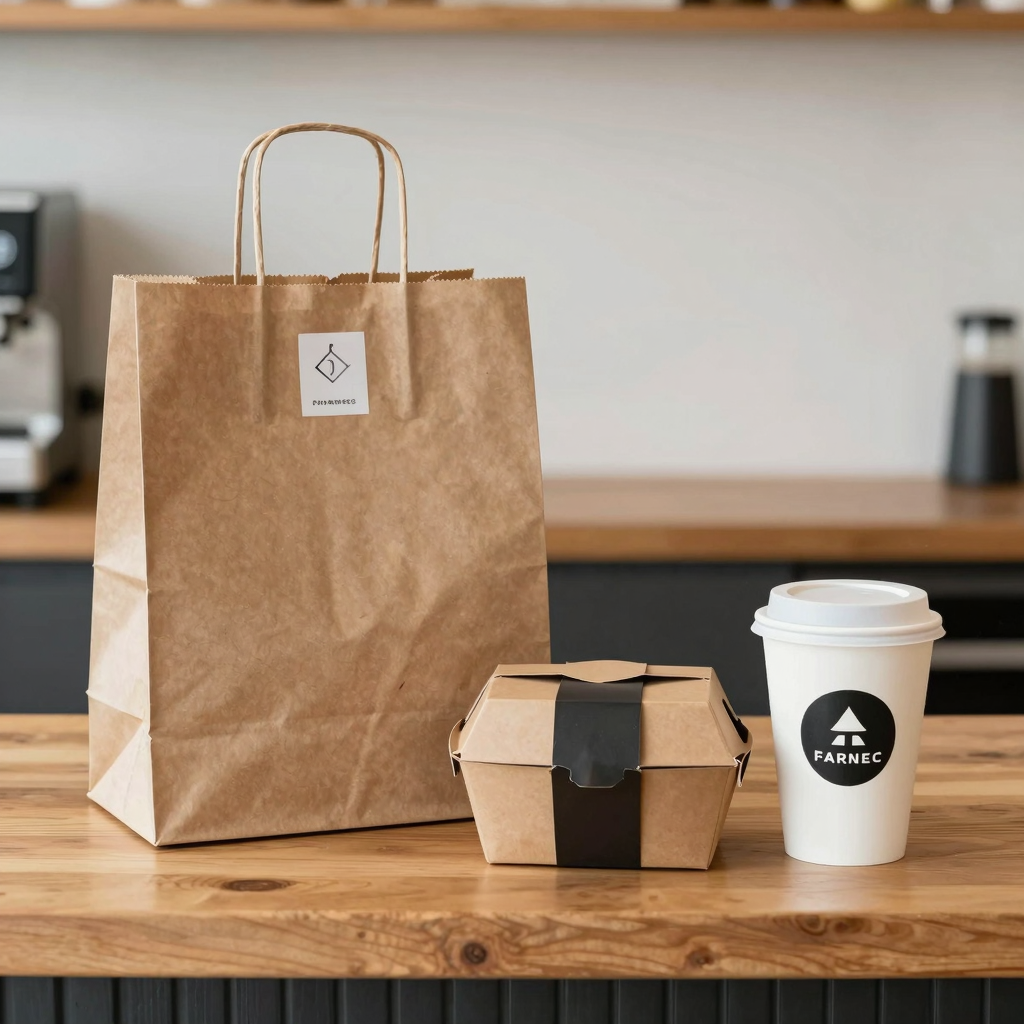 Secure branded food delivery packaging with paper bag, takeaway box, and cup on a counter