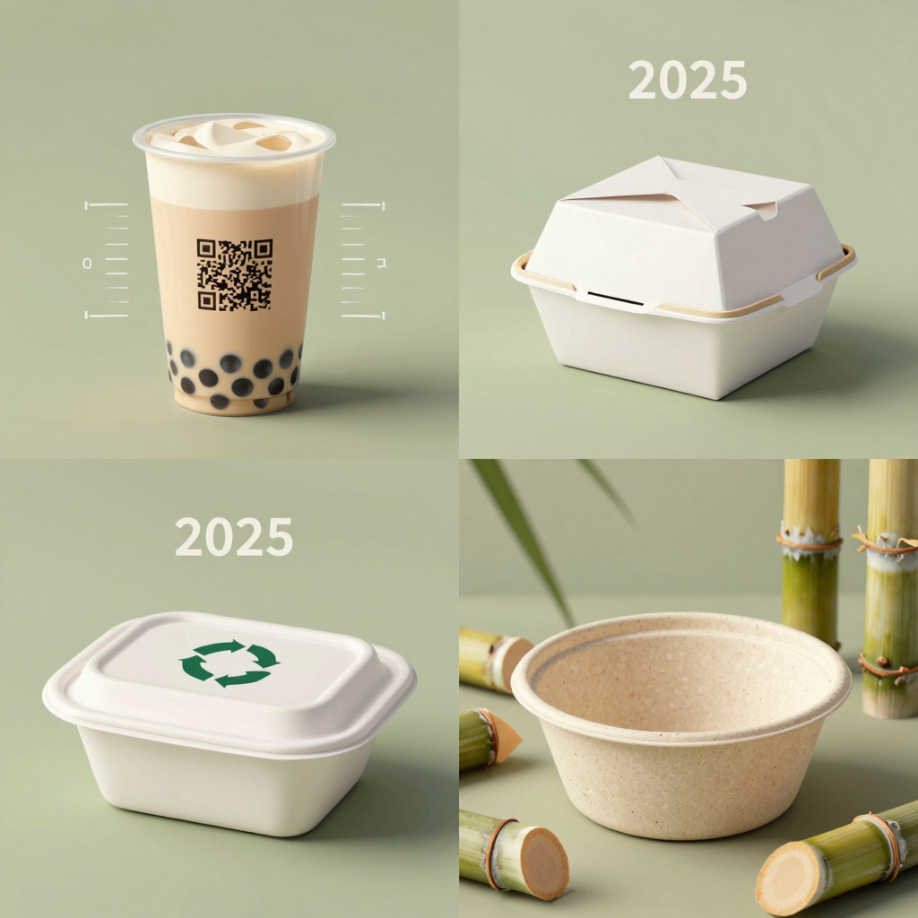 Four 2025 packaging trends: smart QR code bubble tea cup, minimalist takeout box, reusable container system, and molded fiber bagasse bowl