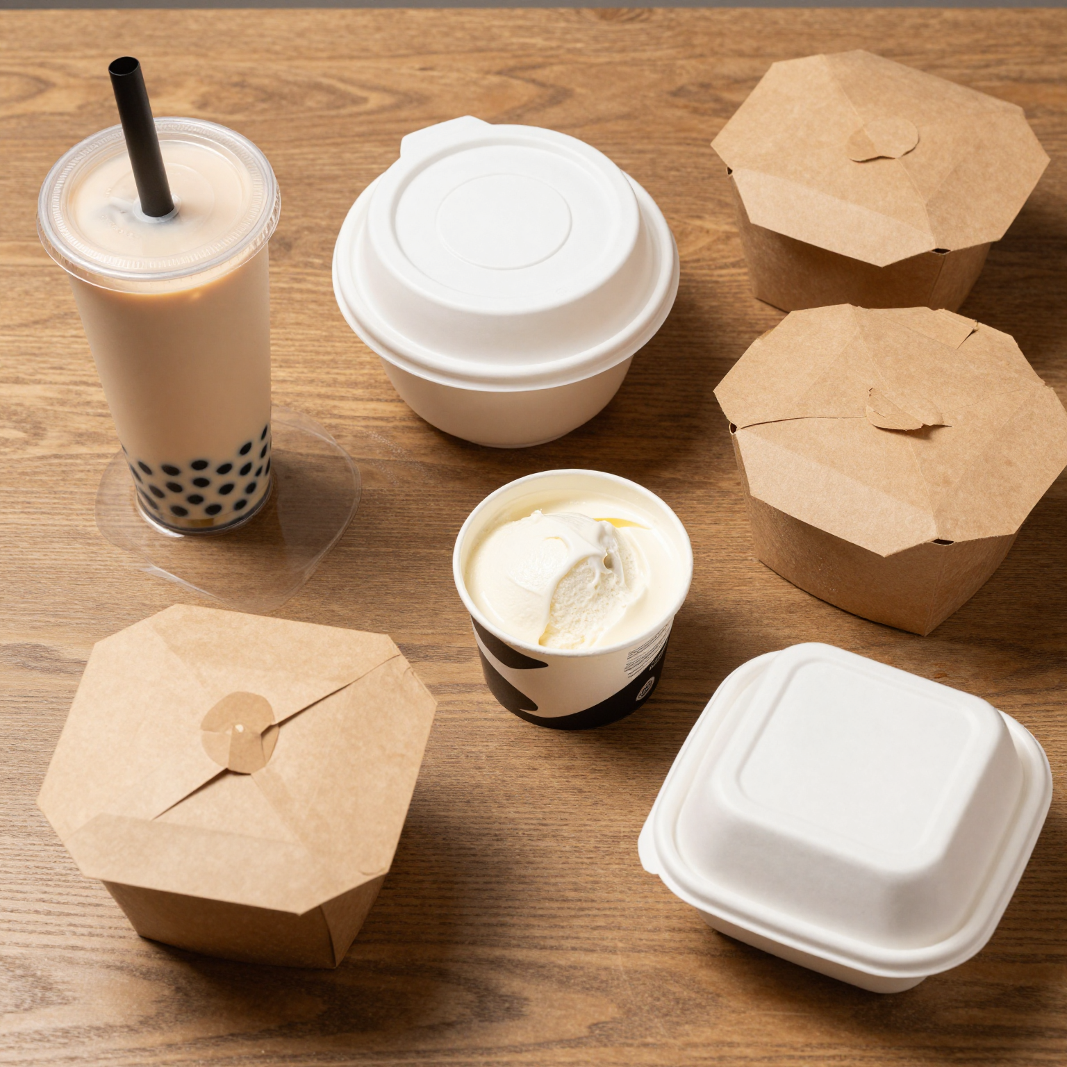 Common food delivery packaging mistakes showing spilled bubble tea, containers without tamper-evident seals, melted items from poor insulation, unbranded boxes, and torn cheap packaging