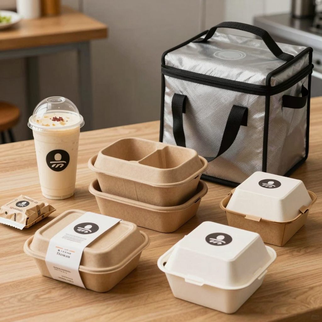An overhead flat lay of food delivery packaging items including bubble tea cups, stackable containers, insulated bags, and custom-printed boxes