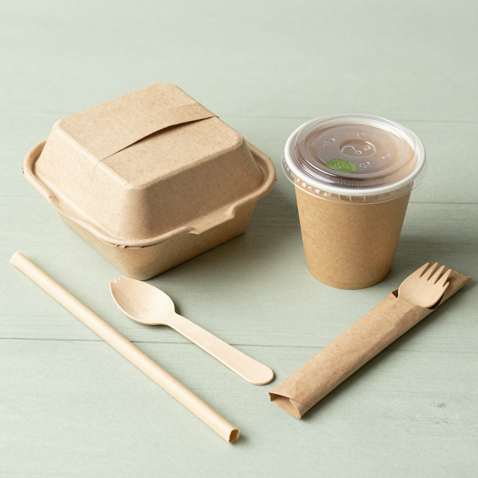 Eco-friendly disposable tableware arrangement on a light green surface, featuring kraft paper takeout box, compostable cup with clear lid, wooden cutlery in paper wrap, and paper straw