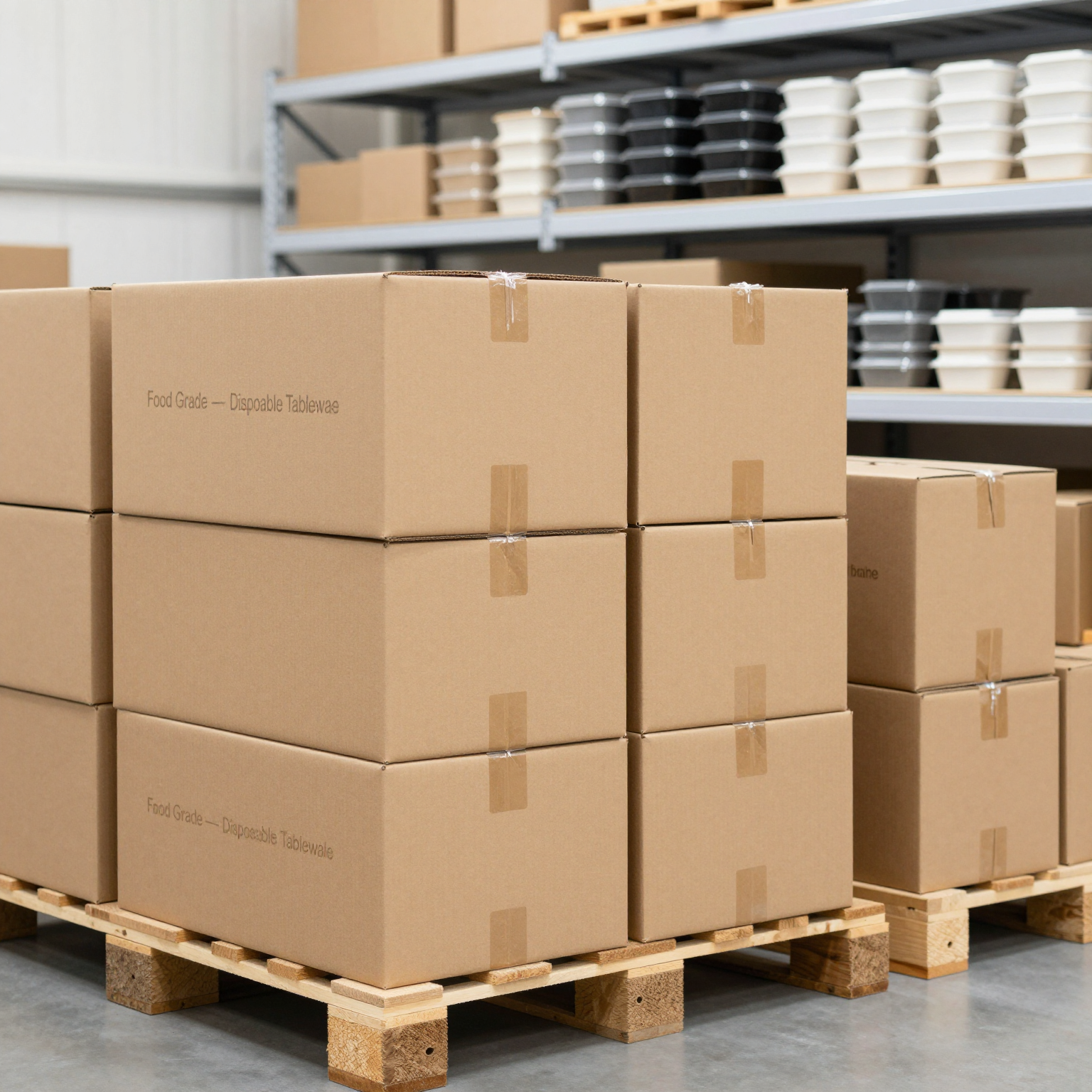 Warehouse scene with neatly stacked rows of food-grade packaging boxes and takeout containers, conveying bulk availability and organized inventory