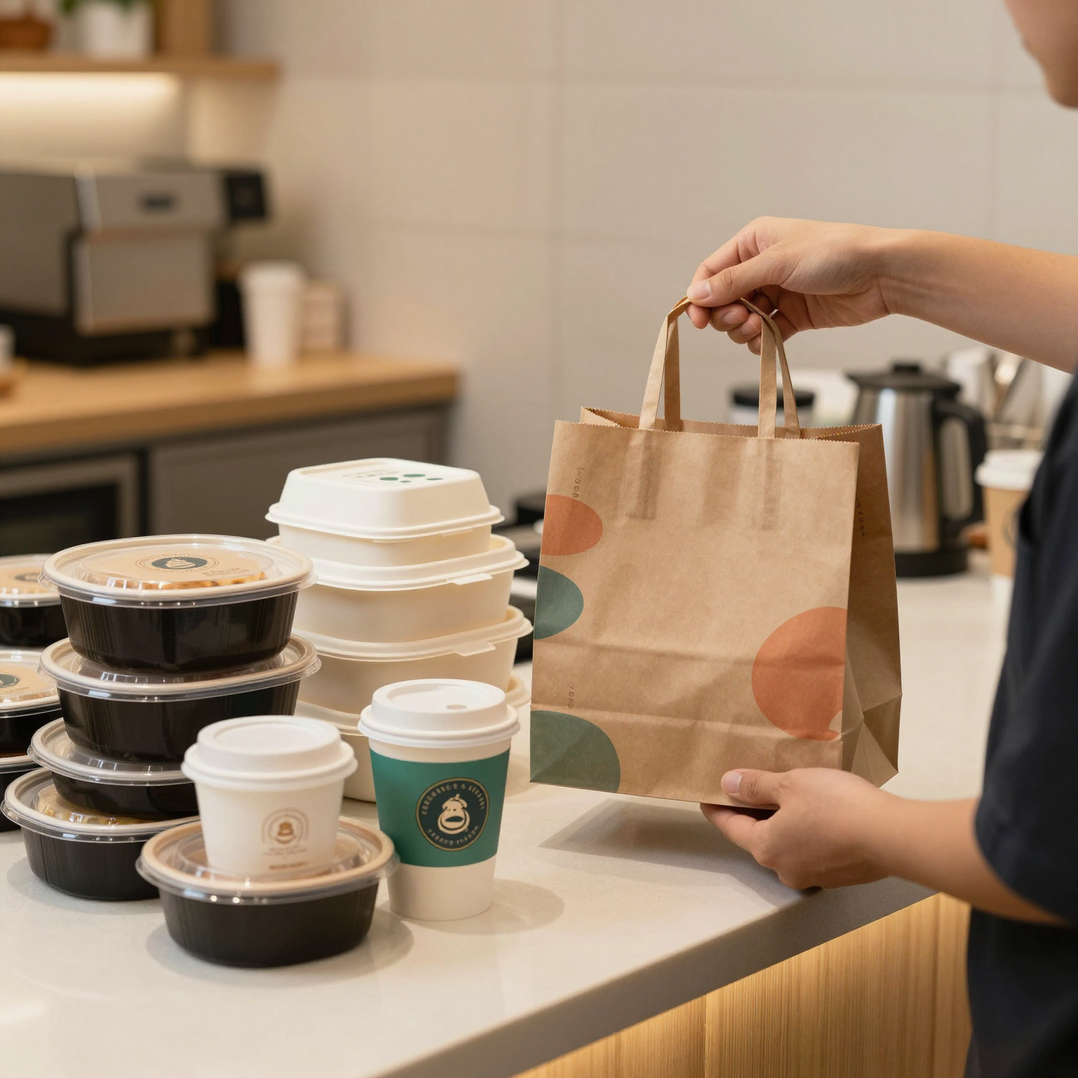 Branded food delivery packaging with takeout containers and cups