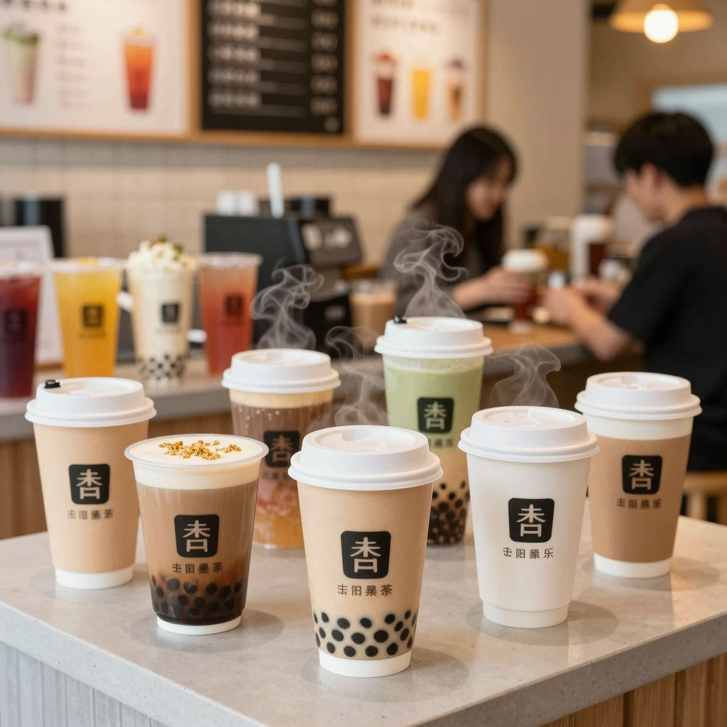 Paper cups in a beverage shop setting