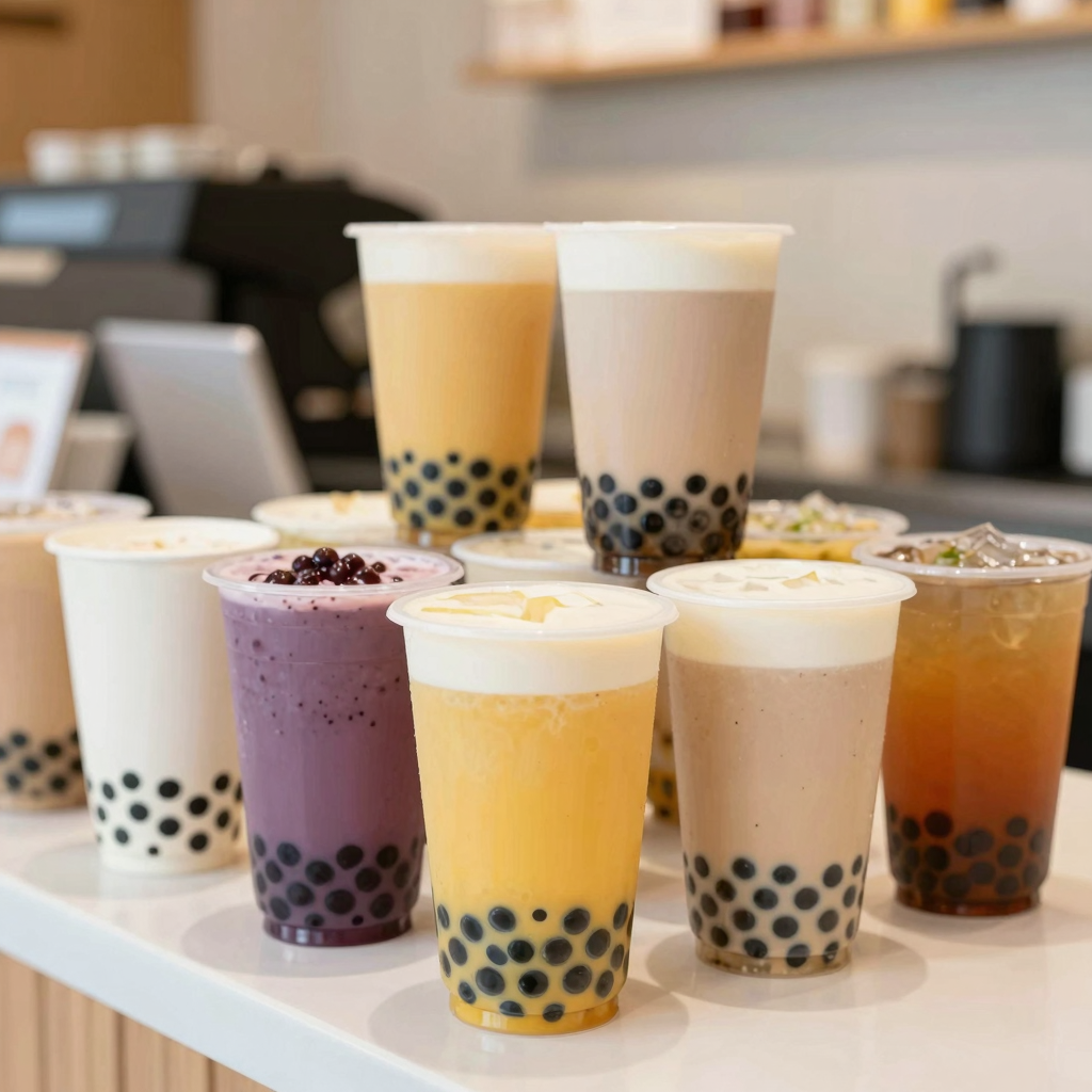 Eco-friendly paper disposable cups in a bubble tea shop ambiance