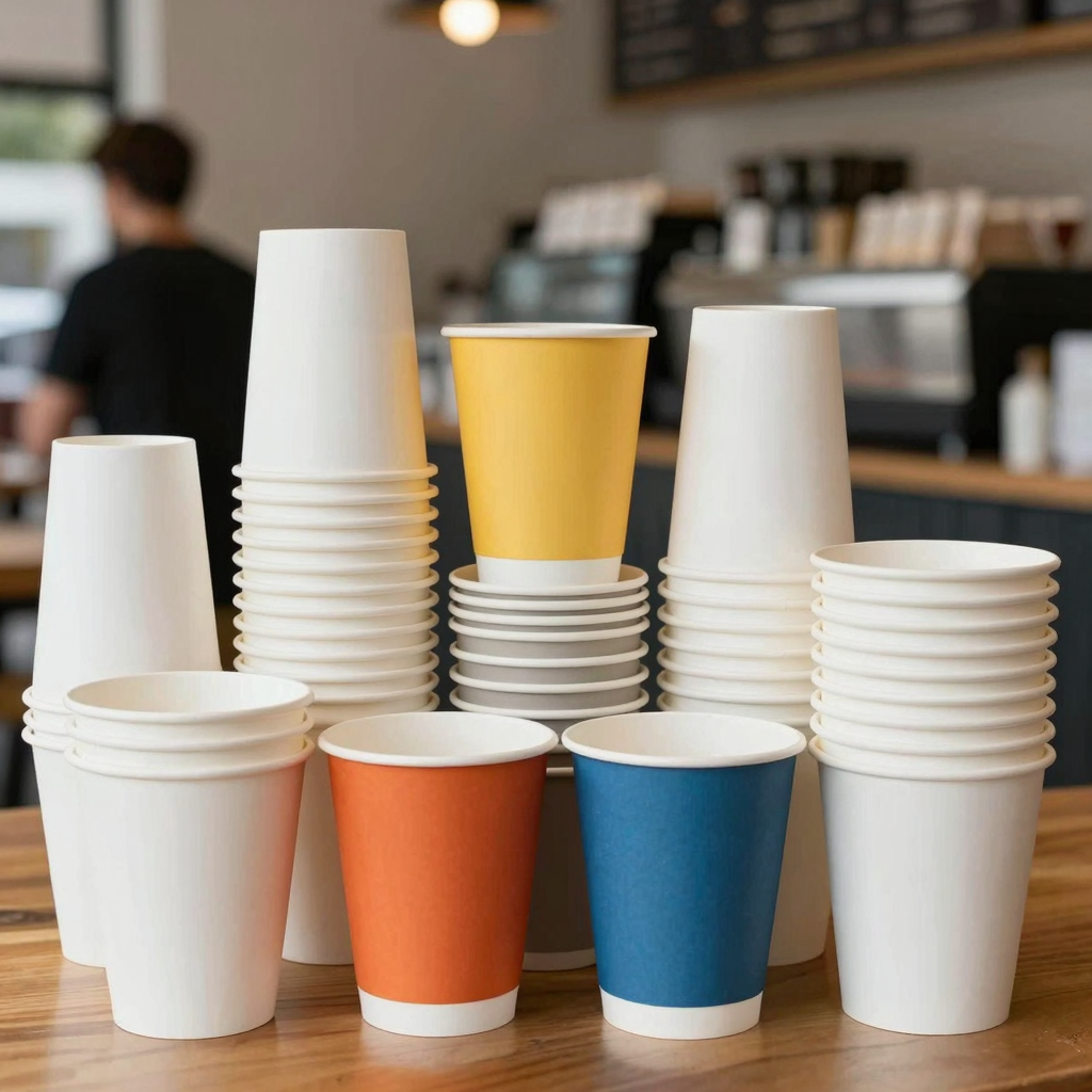 Vibrant array of disposable paper cups in a food service setting