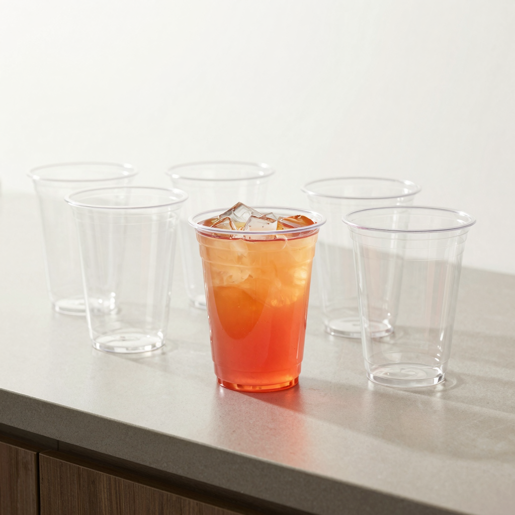 5 oz Clear Plastic Beverage Cups on Countertop