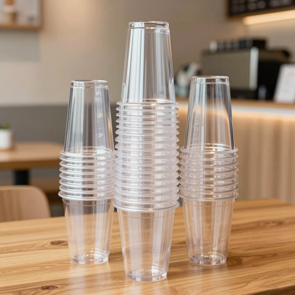 Stack of clear 5 oz plastic cups on a wooden table in a cafe setting