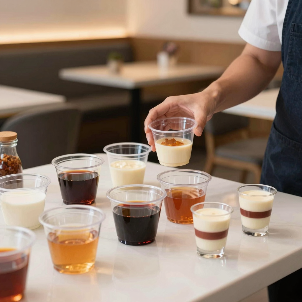 5 oz clear plastic cups being used for sampling, kids meals, dessert shooters, and condiment servings in a professional food service setting