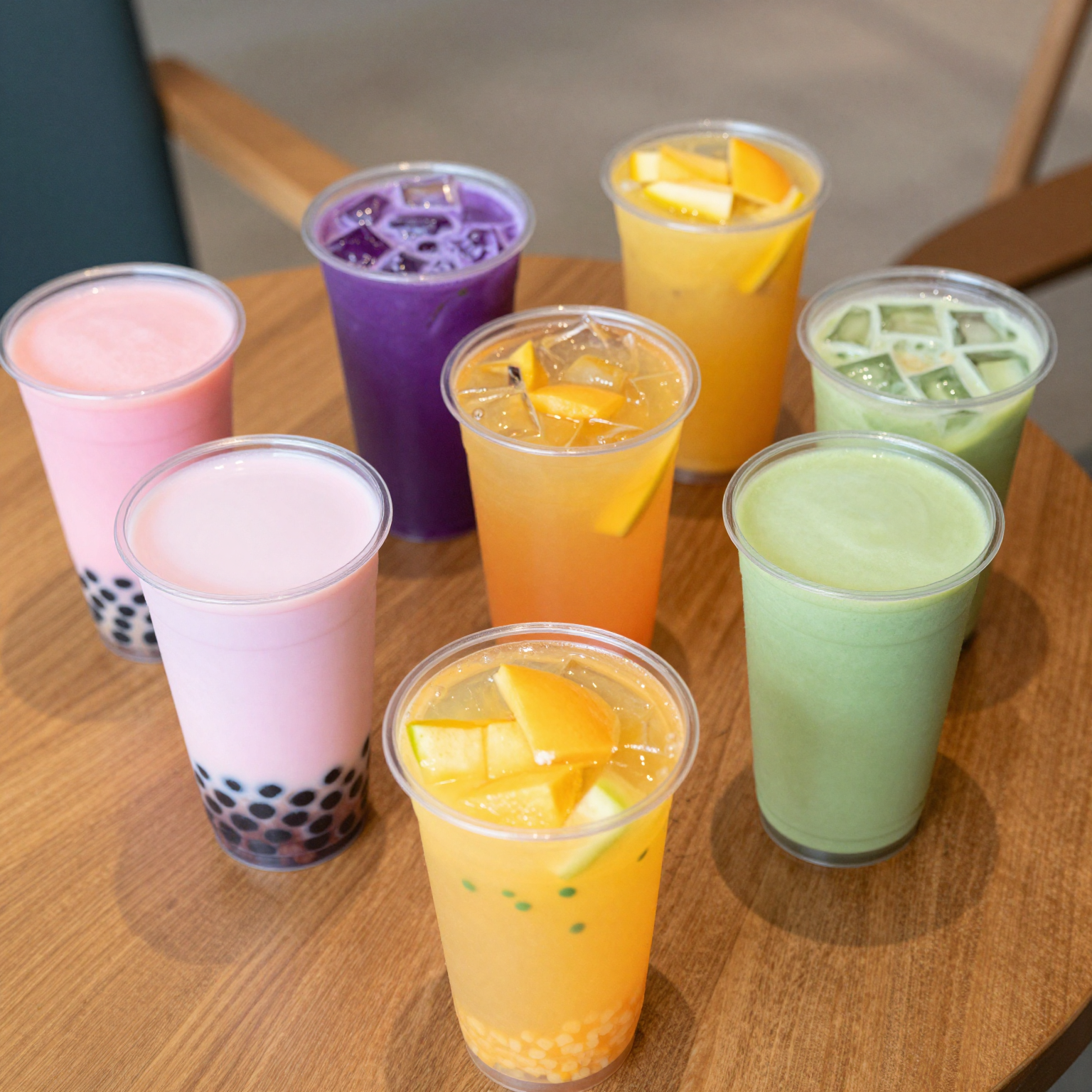 Vibrant layered beverages in clear plastic cups