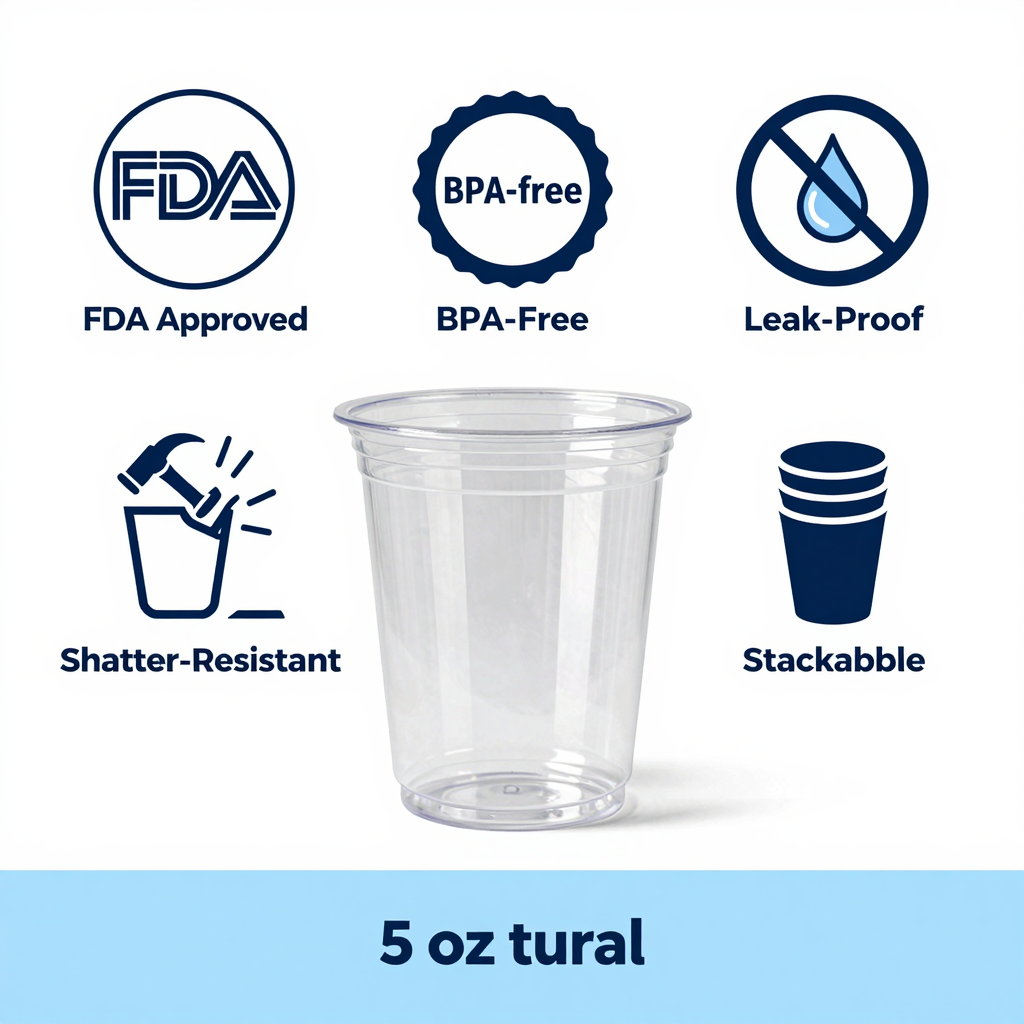 Safety certification icons for 5 oz clear plastic cups showing FDA Approved, BPA-Free, Leak-Proof, Shatter-Resistant, and Stackable badges