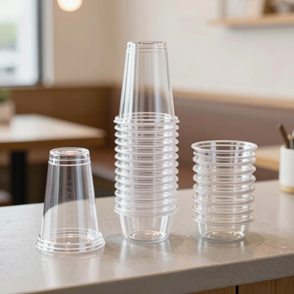 Stack of premium 5 oz clear plastic cups with lids on a restaurant counter, showing thick walls and crystal-clear transparency