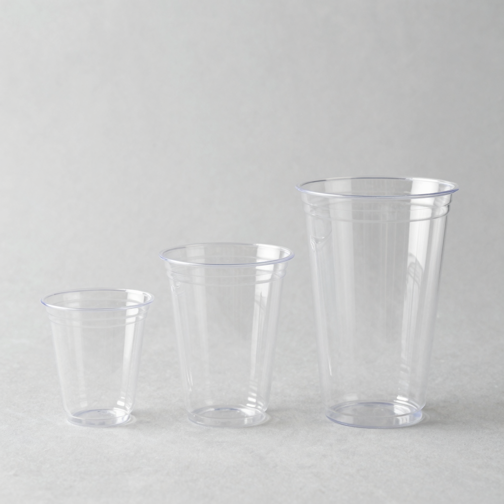Comparison of 5 oz, 9 oz, and 12 oz clear plastic cups side by side