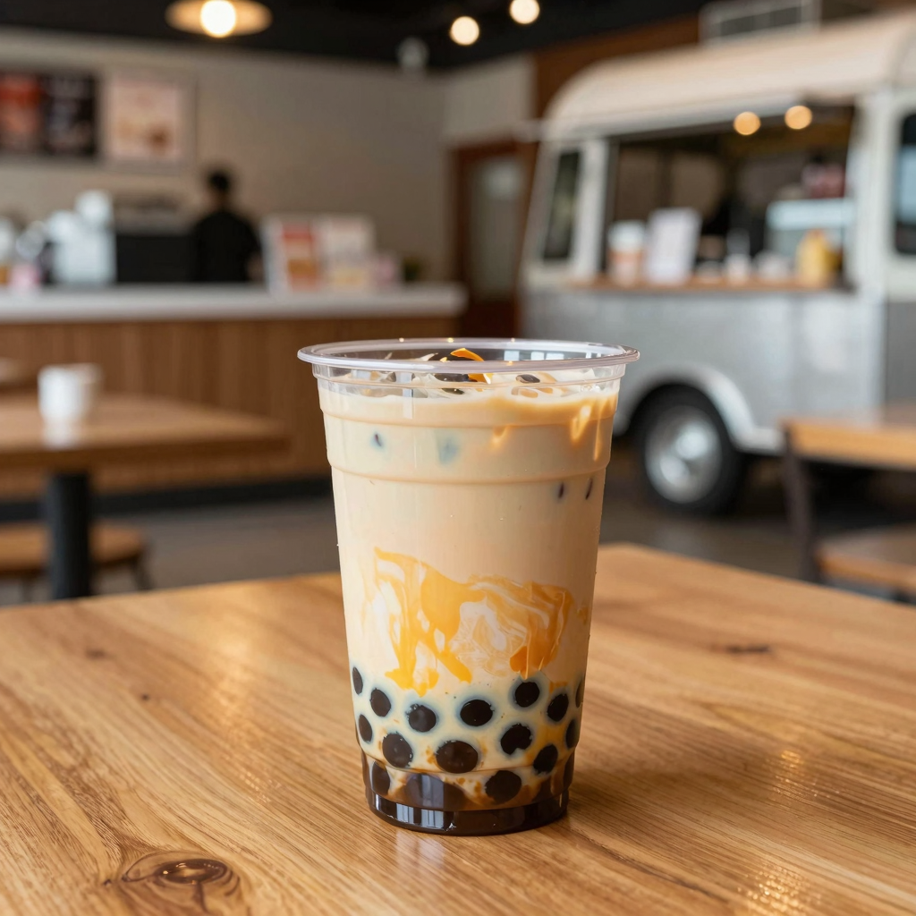 Clear 5 oz plastic beverage cup filled with bubble tea, showcasing professional presentation