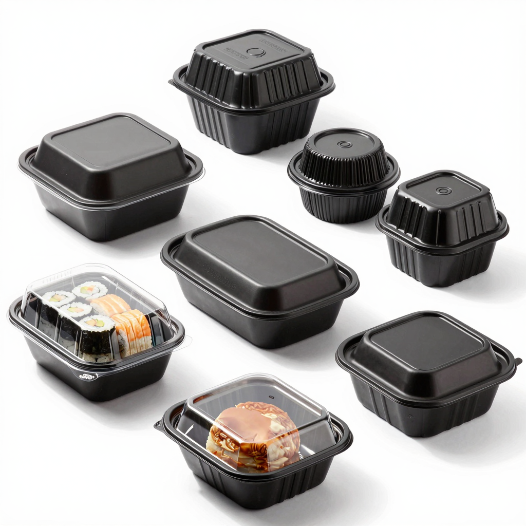 Variety of plastic black takeaway food packing boxes