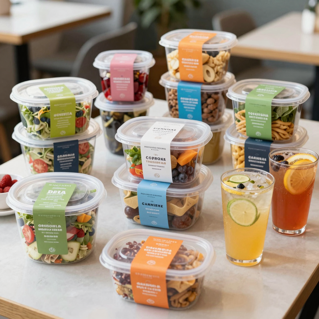 Various types of plastic food containers in use