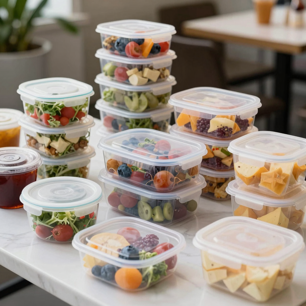 A variety of plastic food containers showcasing versatility in hospitality