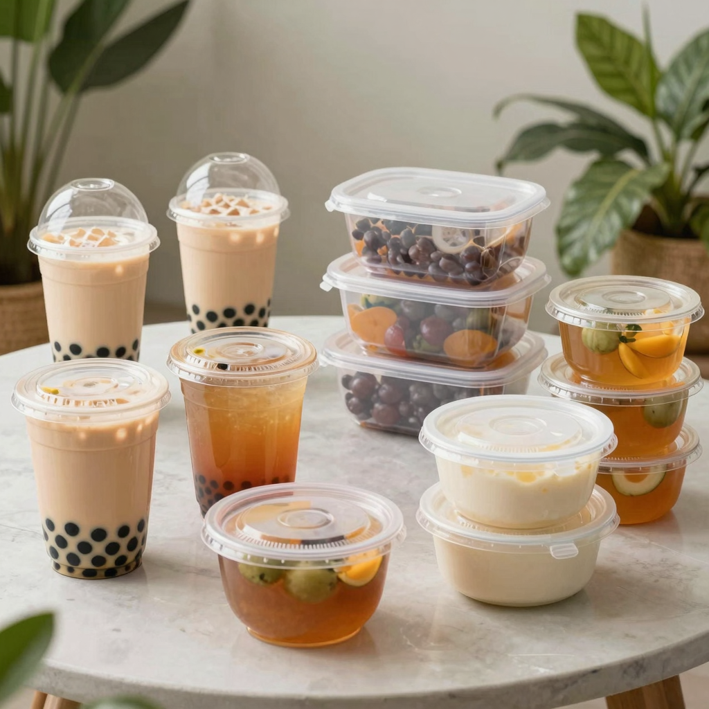 Assorted plastic food containers for Philippine food businesses, including bubble tea cups and leak-proof takeaway packaging