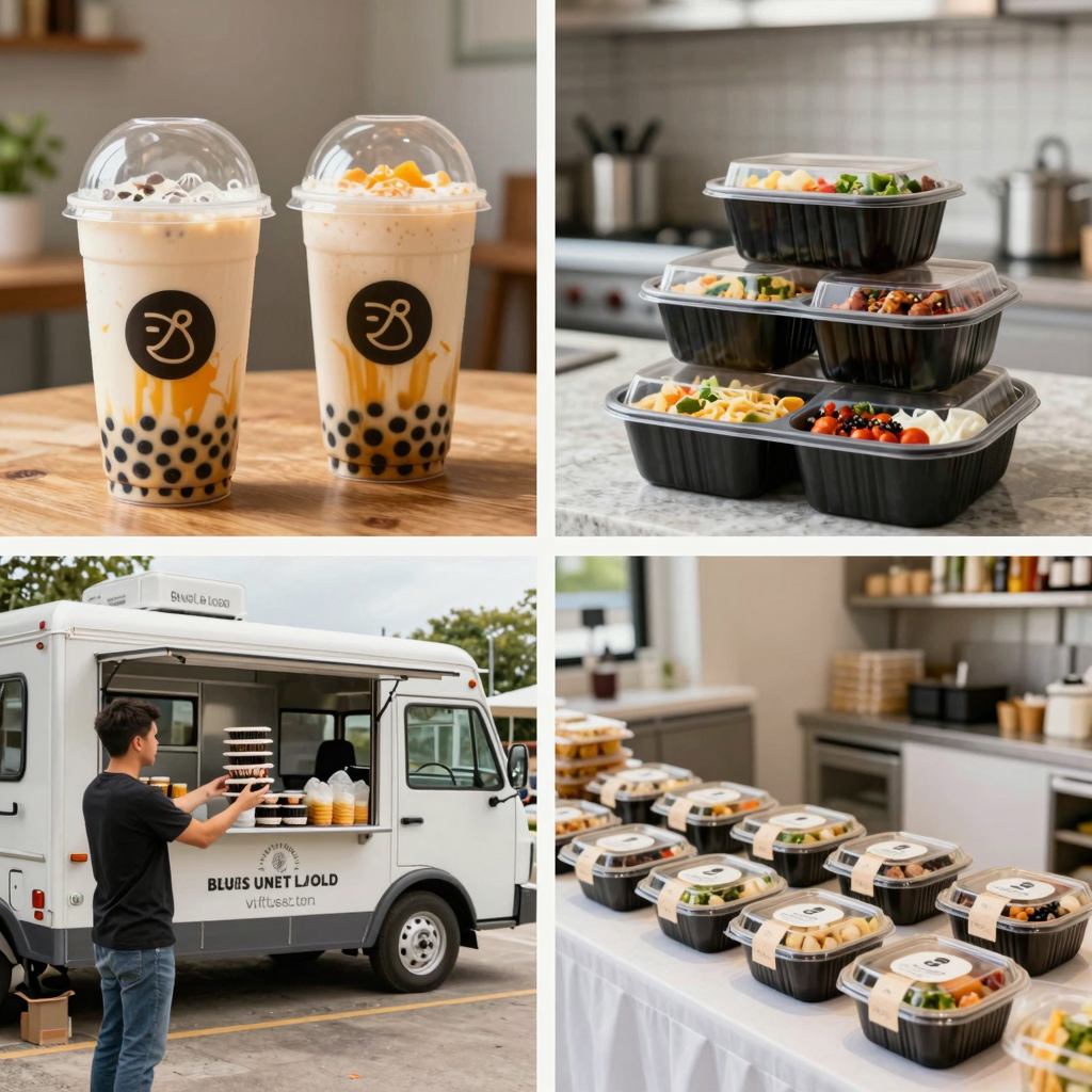 Four business segments using specialized food packaging - bubble tea shops, restaurants, food trucks, and event planners
