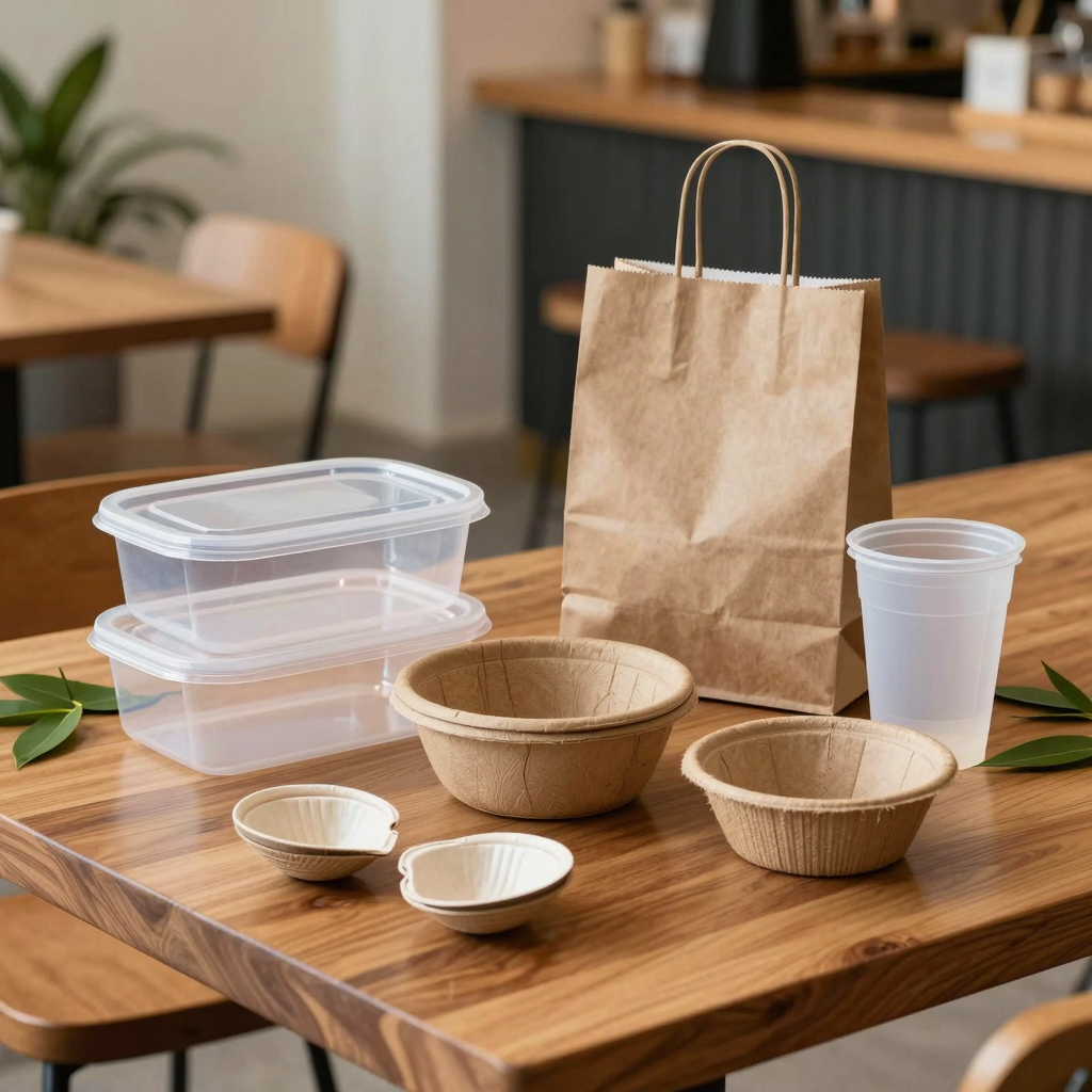 An assortment of eco-friendly food containers including recyclable plastics, bagasse bowls, and PLA compostable cups arranged on a wooden table with natural decor.