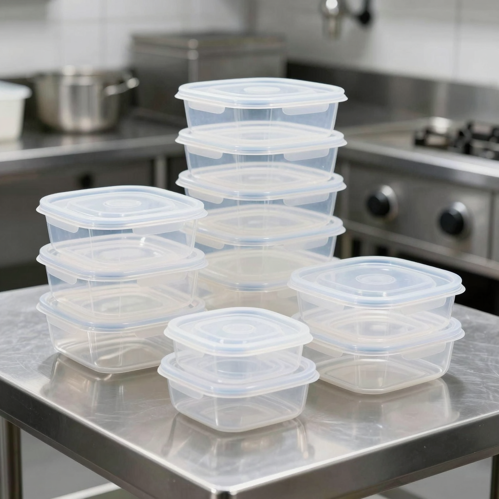 Stackable clear plastic food containers with secure lids on a stainless steel counter