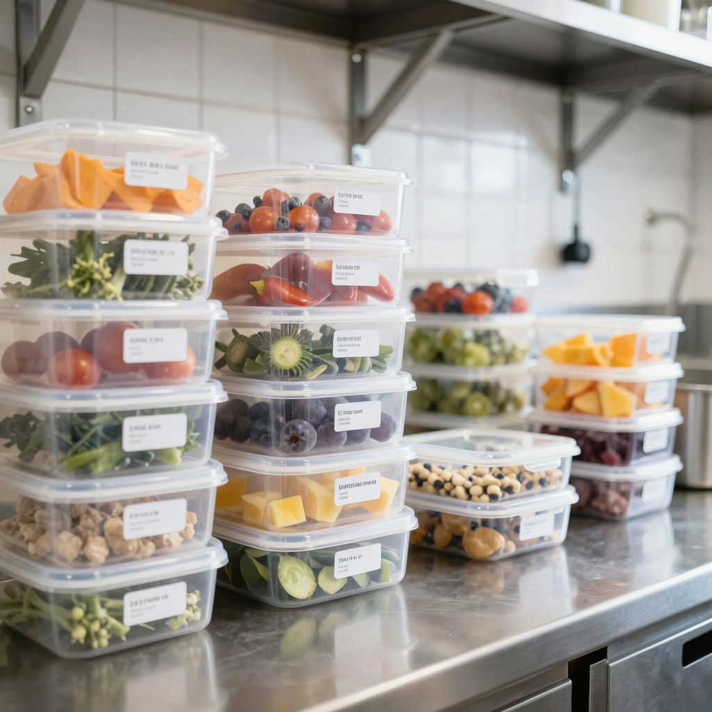 A bright catering service kitchen with various plastic food storage containers