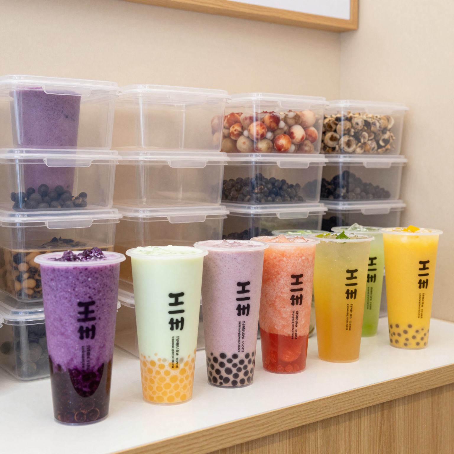 A cheerful bubble tea shop displaying colorful drinks and organized plastic food storage containers