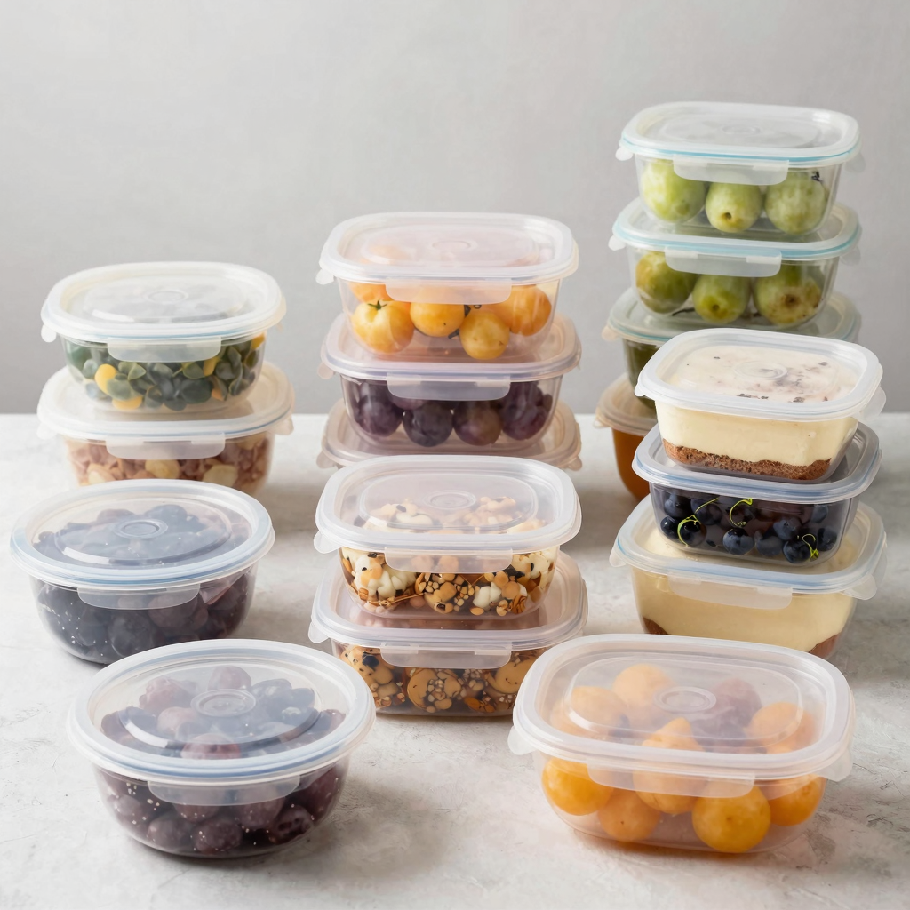 Different styles of plastic food containers used in the food industry