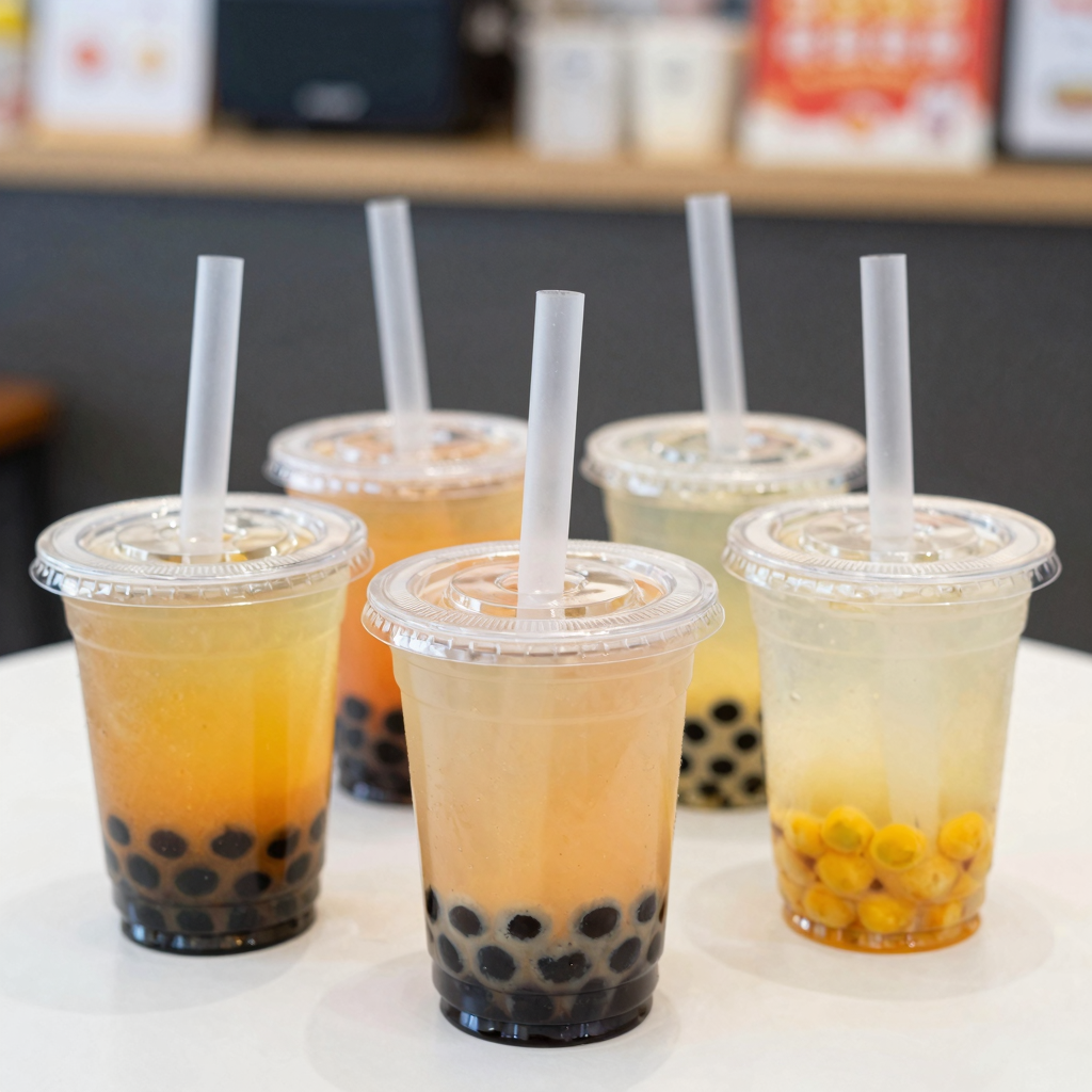 Small clear plastic drinking cups filled with bubble tea