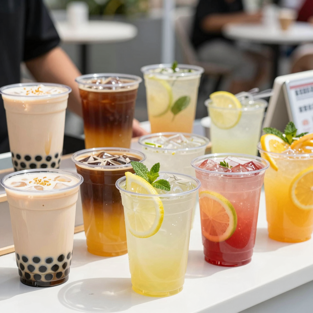 Clear plastic cups filled with various beverages
