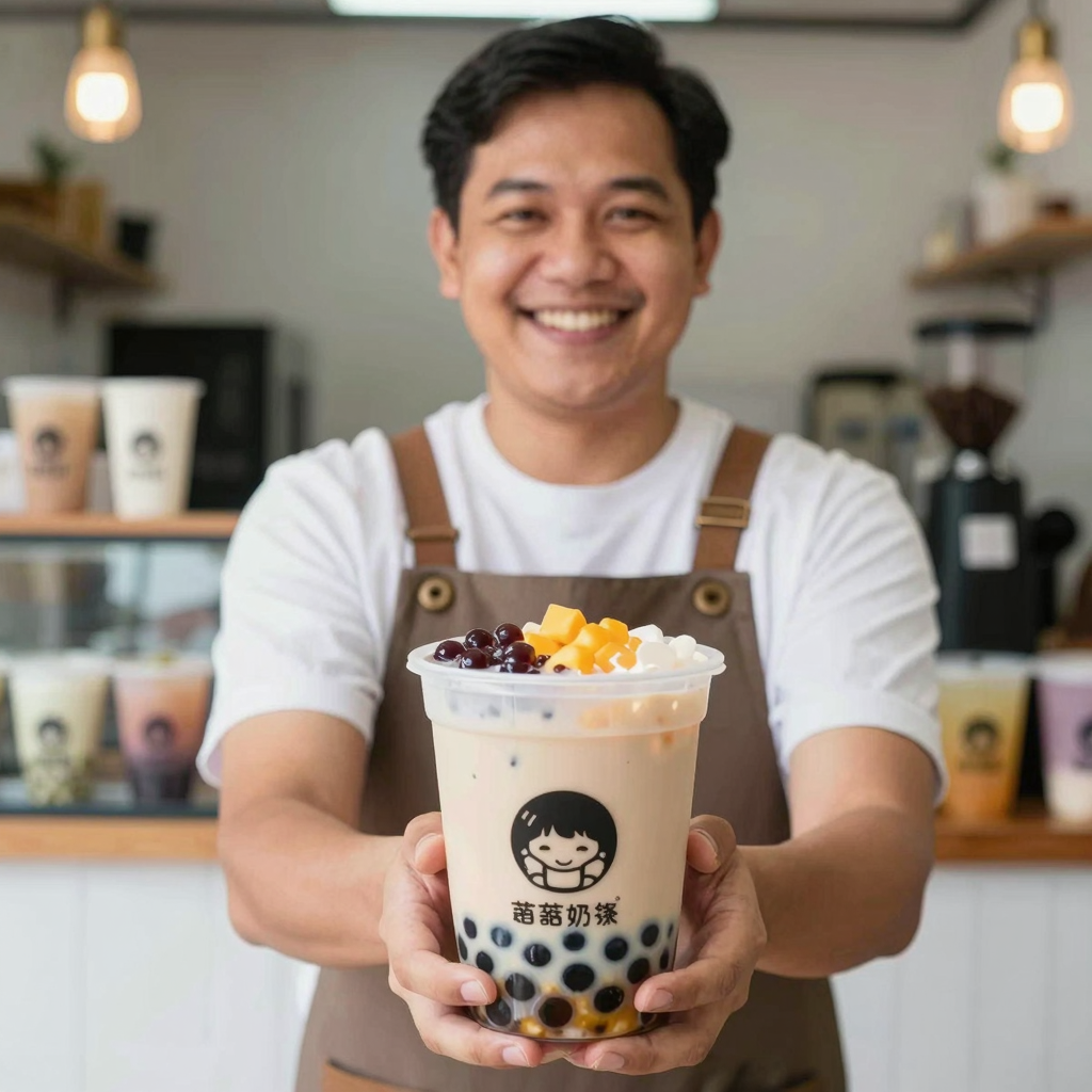 A satisfied bubble tea shop owner in the Philippines holding styrofoam food containers, showcasing colorful bubble tea.