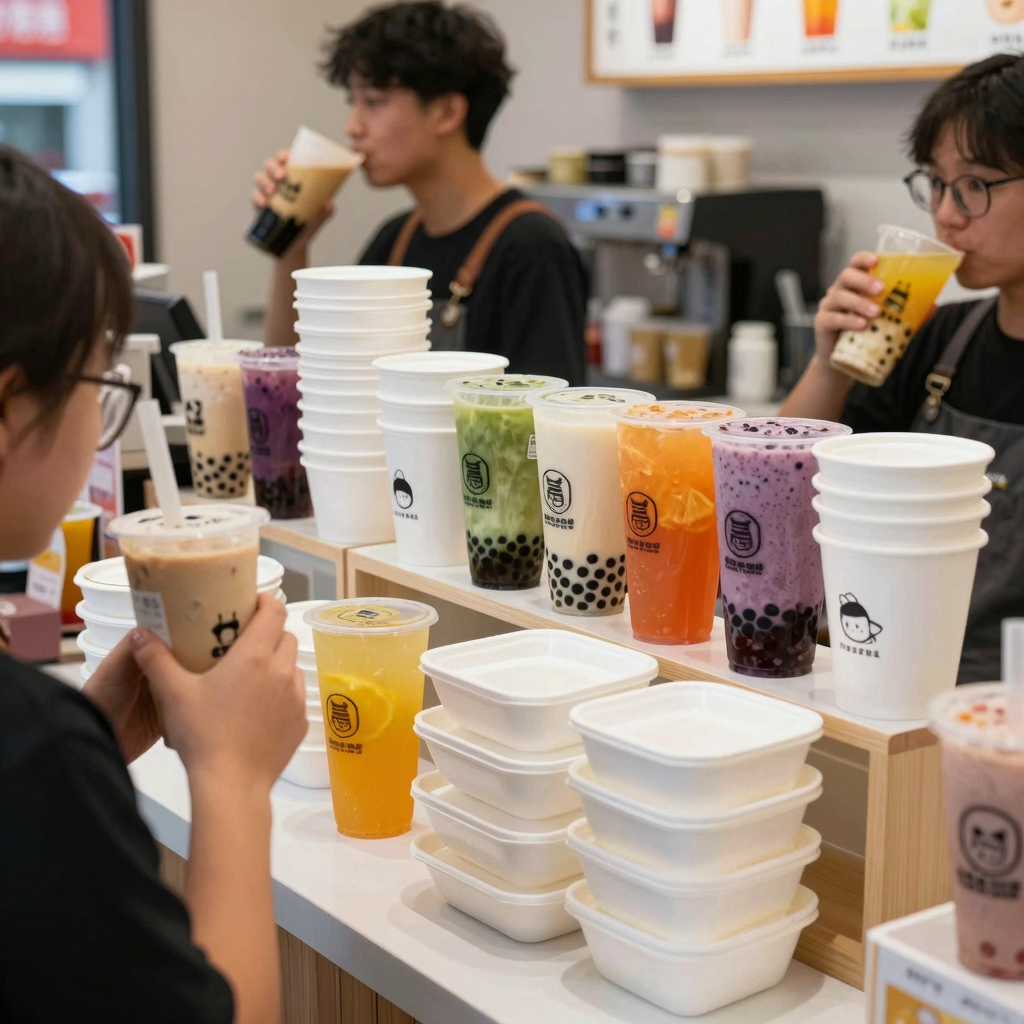A bustling bubble tea shop showcasing styrofoam containers