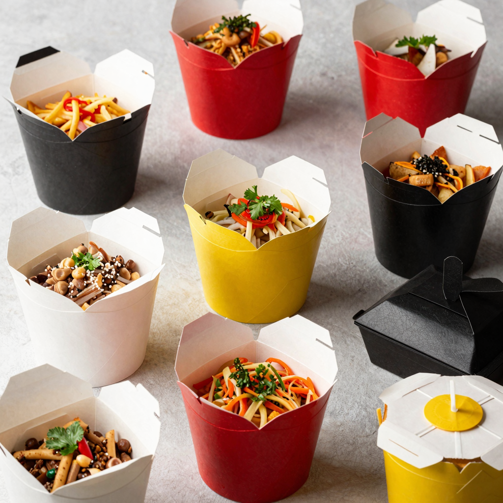 Colorful display of various takeaway food boxes