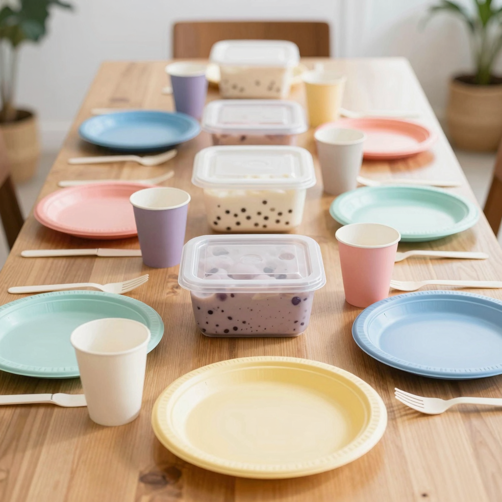 Table setting with disposable tableware and plastic containers